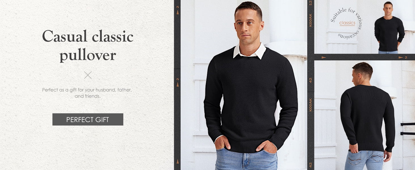Mens Pullover Sweater Soft Lightweight Casual Classic Crewneck Knitwear Sweaters with Ribbing Edge