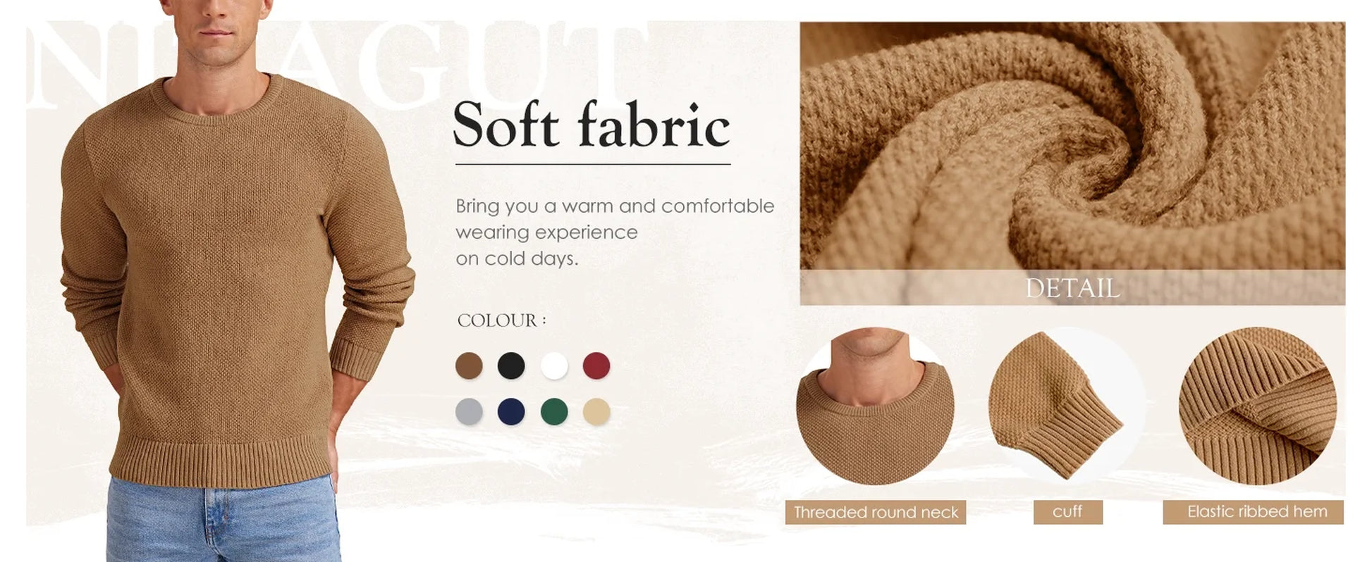 Mens Pullover Sweater Soft Lightweight Casual Classic Crewneck Knitwear Sweaters with Ribbing Edge