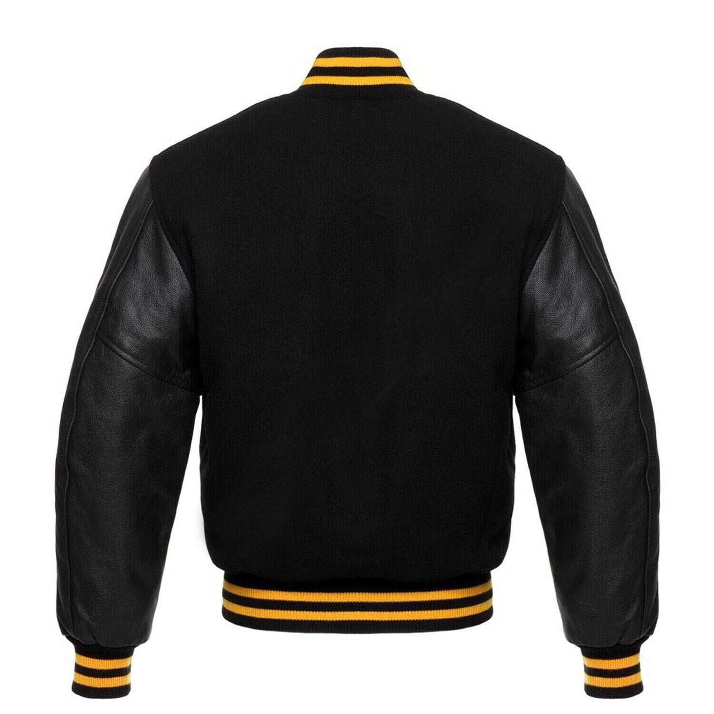 Varsity Bomber Letterman Black Wool & Real Cowhide Leather Sleeves Jackets