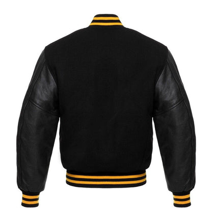 Varsity Bomber Letterman Black Wool & Real Cowhide Leather Sleeves Jackets